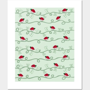 Strawberry Birds Strawbirdie Vines Light Green Posters and Art